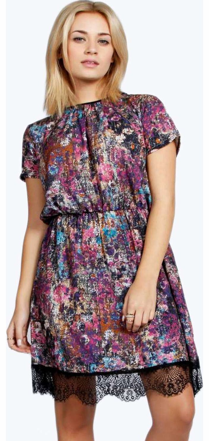 Emma Printed Lace Trim Skater Dress - multi