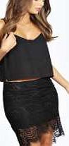 boohoo Eyelash Lace Curved Hem Midi Skirt - black