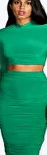 boohoo Green Slinky Ruched Side Midi Skirt - green