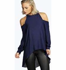 boohoo High Neck Cut Out Shoulder Blouse - navy azz16568