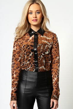 boohoo Holly Animal Chiffon Blouse With Sequin Collar