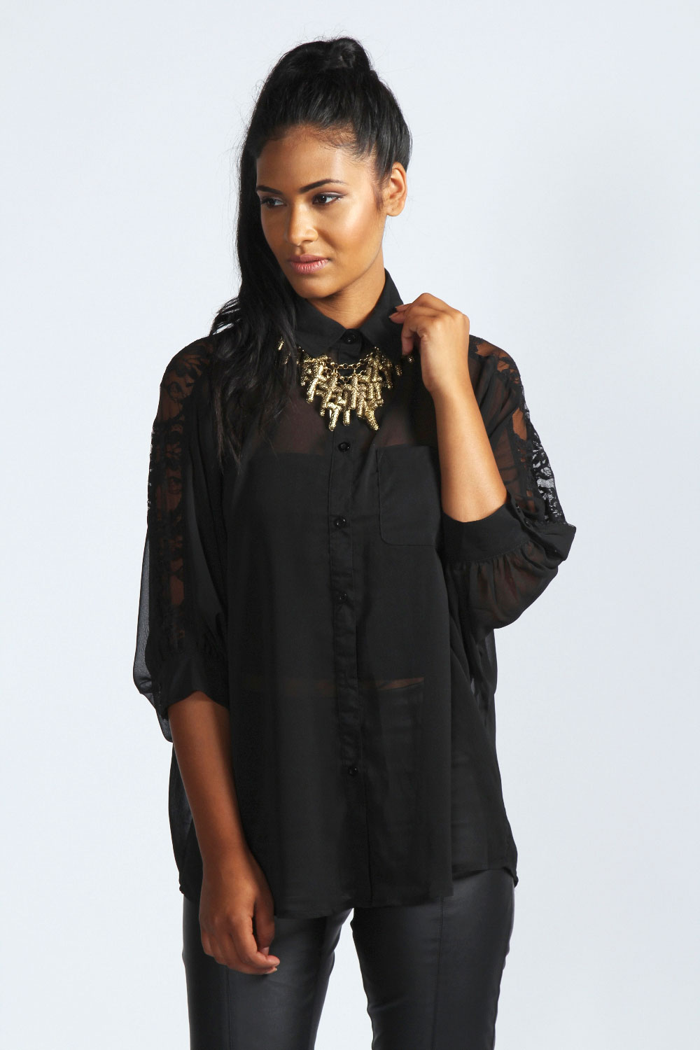 boohoo Holly Batwing Lace Panel Sheer Blouse -