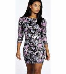 Hope Floral Printed 3/4 Sleeve Bodycon Dress -