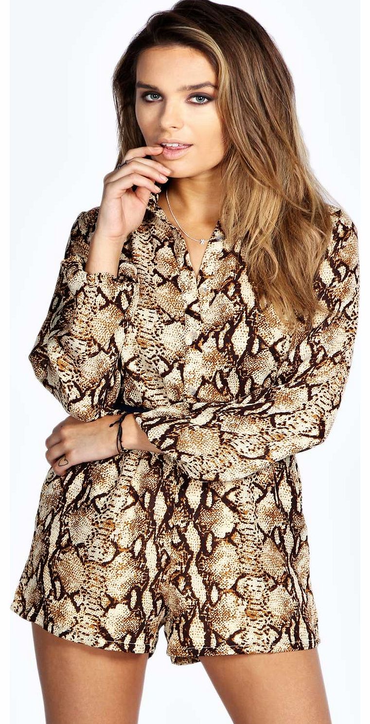 Isabell Snake Print Chiffon Playsuit - brown