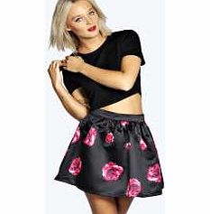 boohoo Joann Rose Printed Satin Full Mini Skirt - black