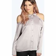 boohoo Julia Open Shoulder Silky Blouse - grey azz20622