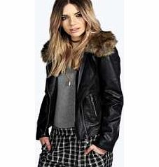 Kim Fur Collar Faux Leather Jacket - black