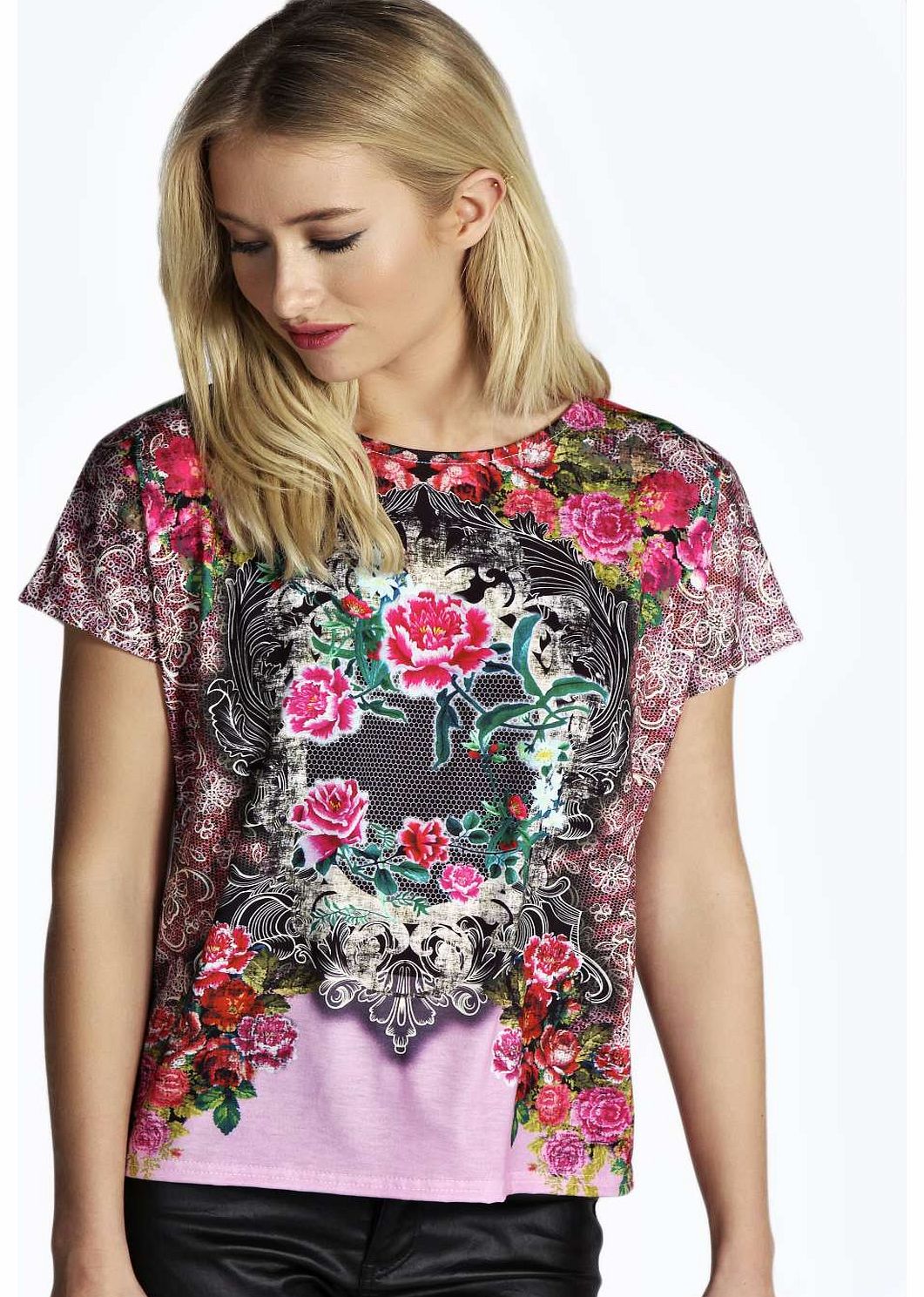 Laila Floral Front Print Tee - pink azz15708