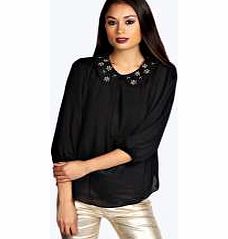boohoo Lara Embellished Collar Blouse - black azz20306