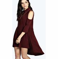 Lara Open Shoulder Dip Hem Shirt Dress - berry