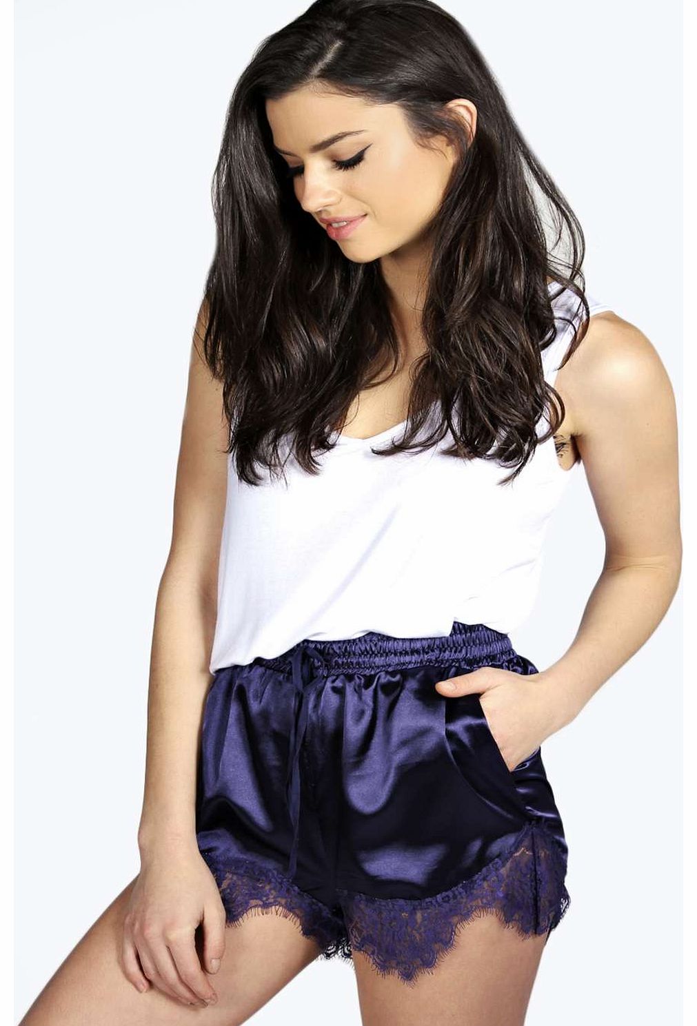 Larah Lace Trim Silky Pyjama Shorts - navy
