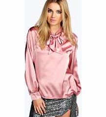 boohoo Long Sleeved Silky Pussy Bow Blouse - blush