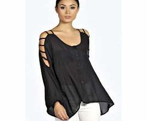 boohoo Lucie Ladder Cut Out Sleeve Blouse - black