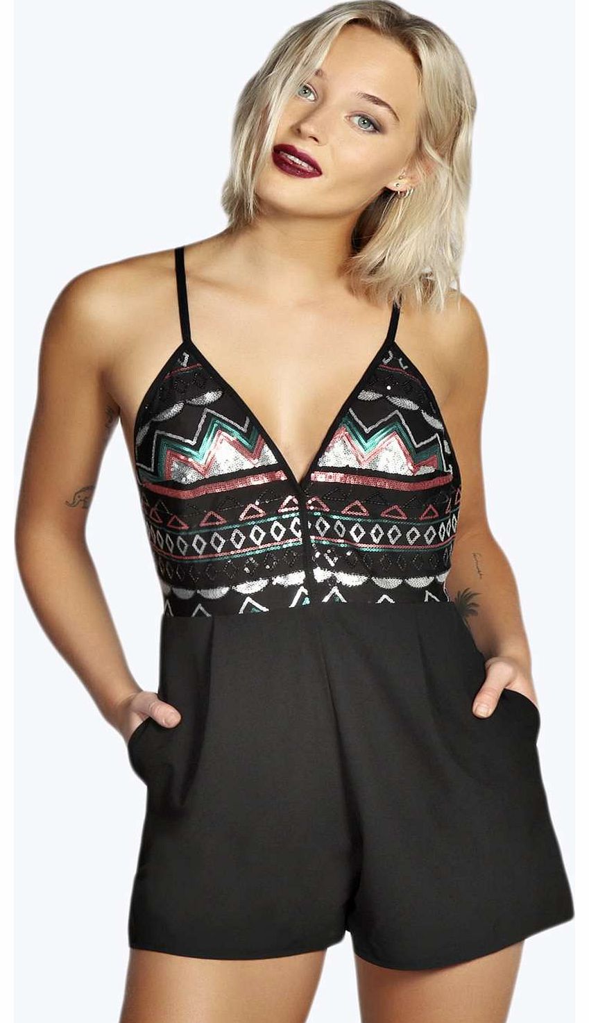 Marybeth Sequin Strappy Back Playsuit - black