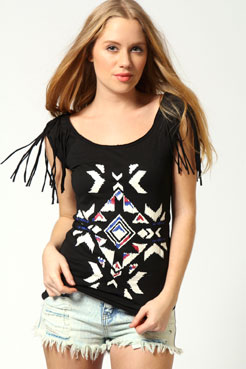 Nicole Aztec Print Tassle Shoulder T-Shirt Female