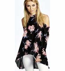 boohoo Printed High Neck Cut Out Shoulder Blouse -