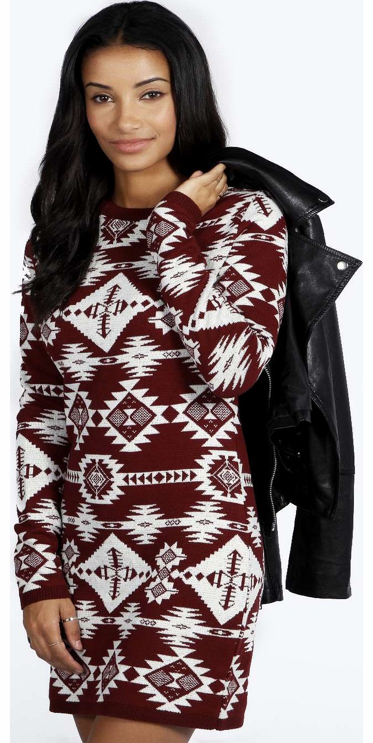 Ria Abstract Aztec Knitted Jumper Dress - berry