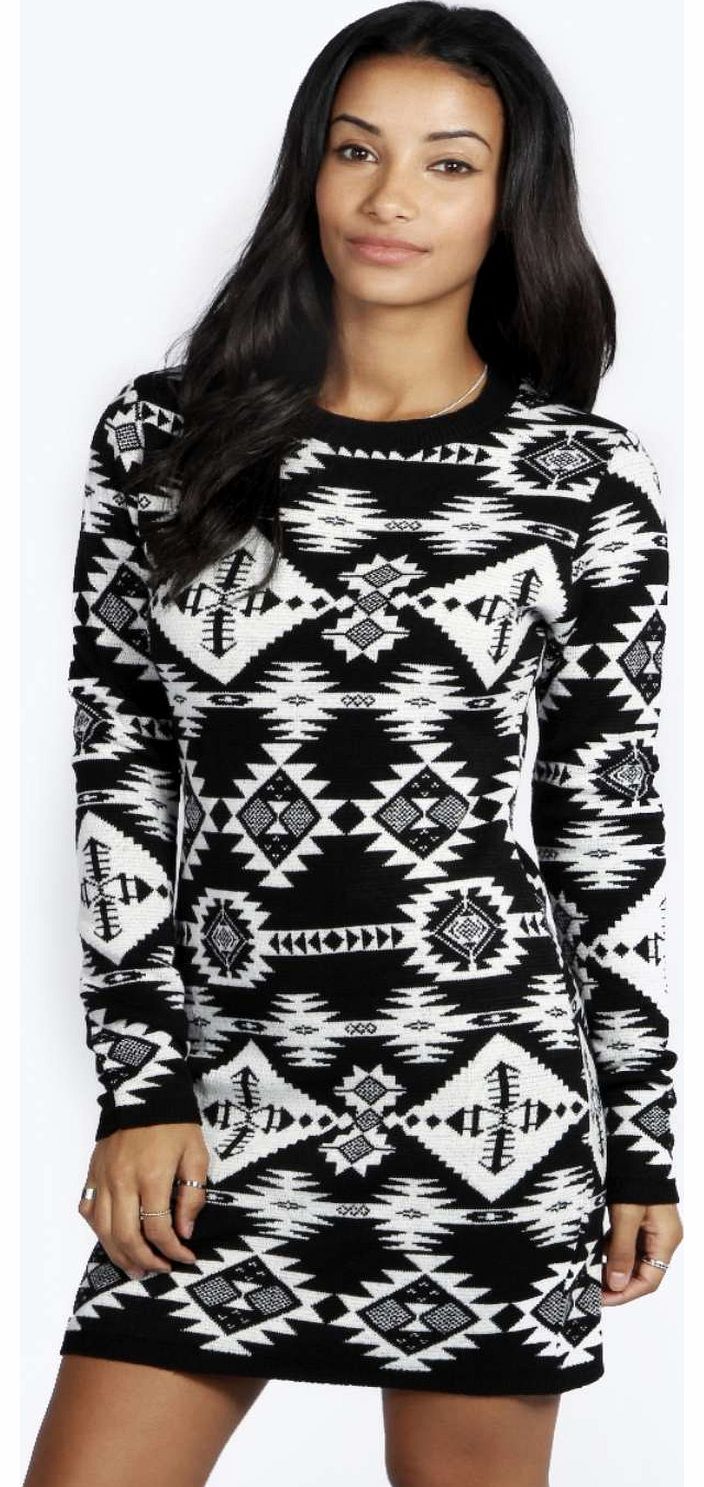 Ria Abstract Aztec Knitted Jumper Dress - black