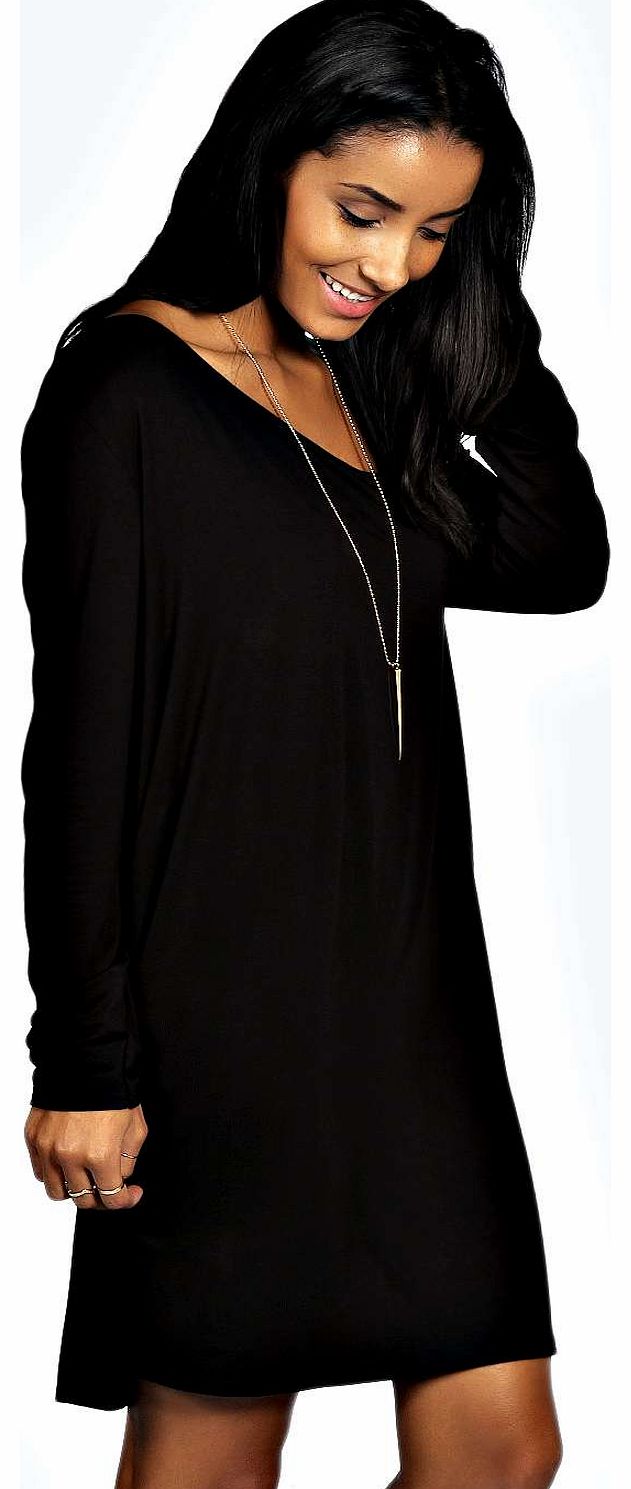 Rita Slash Neck Long Sleeve Slouch Dress - black