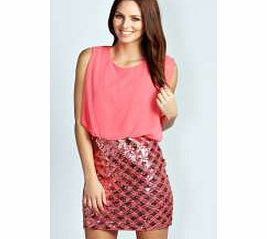boohoo Rosie Patterned Sequin Skirt Dress - coral