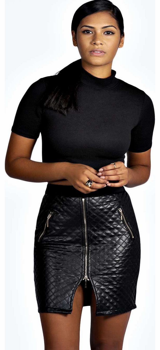 boohoo Rosie Zip Detail Quilted Leather Look Mini Skirt