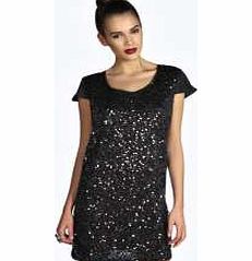 Ruby Sequin Front Capped Sleeve Shift Dress -