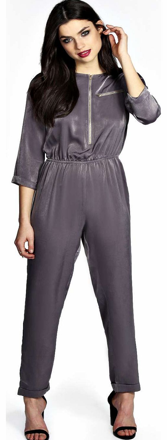 Samantha Zip Detail Satin Woven Jumpsuit - grey