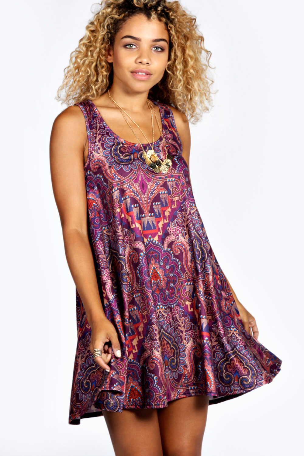 Summer Aztec Print Swing Dress - purple