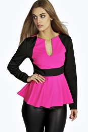 Tabitha Contrast Panel Peplum Top - cerise