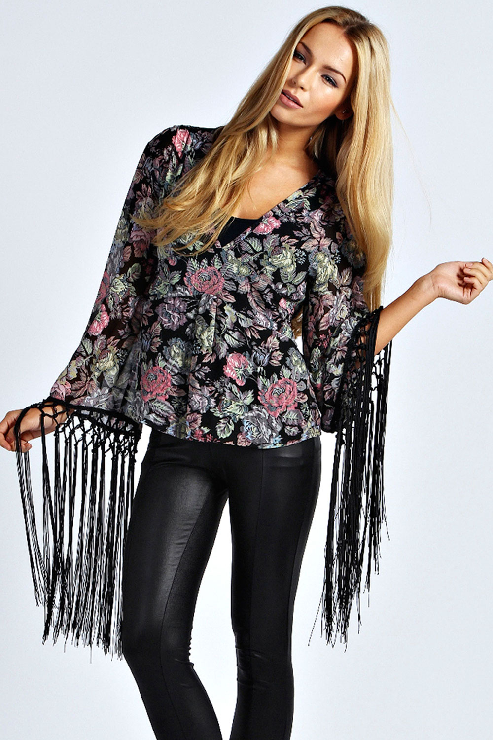 Tabitha Floral Blouse With Tassel Sleeves