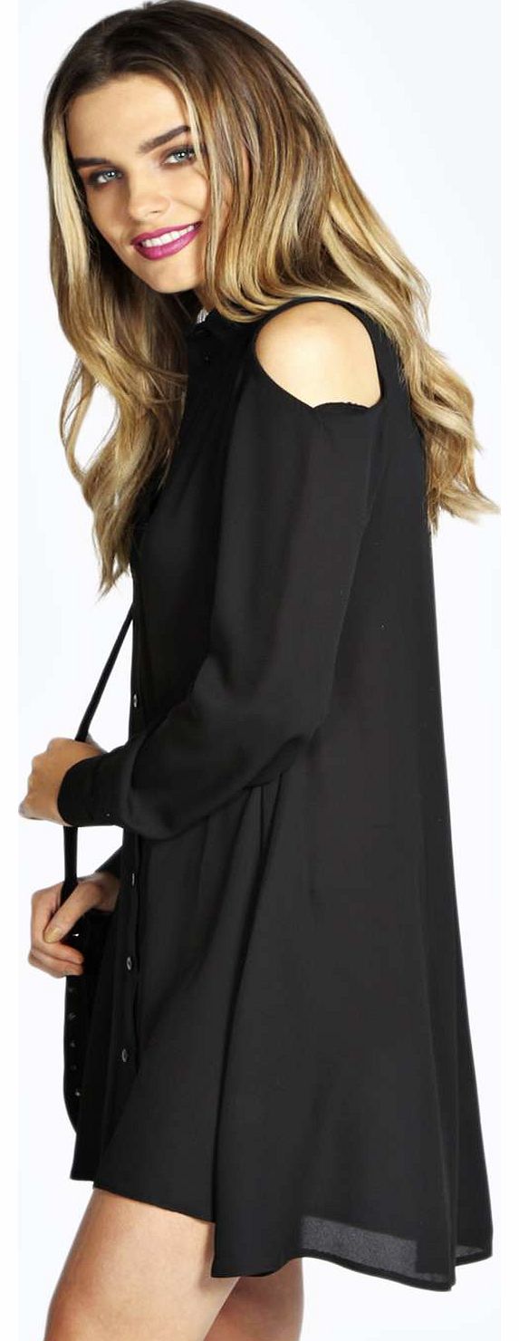 Tegan Open Shoulder Shirt Dress - black azz18111