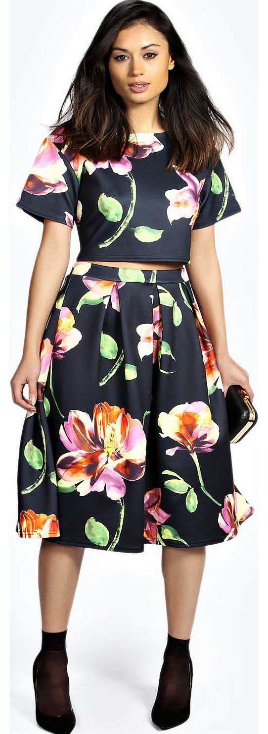 boohoo Tessa Bold Floral Midi Skirt Co-Ord Set - multi
