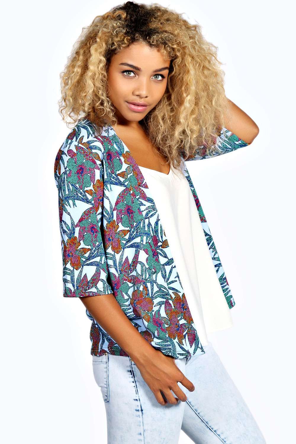 Tina Tropical Print Kimono - blue azz23462