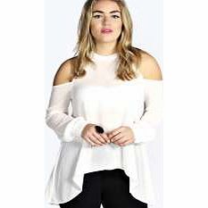 boohoo Trista High Neck Cut Out Shoulder Blouse - white