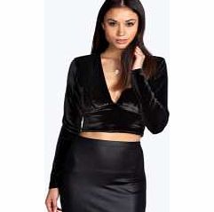 Velvet Plunge Long Sleeve Crop - black azz19902