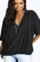 boohoo Wrap Front Oversized Jersey Blouse - black