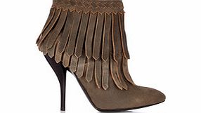 Grey leather fringed ankle boots