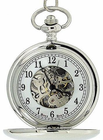  Mens Silver Tone Skeleton Mechanical Pocket Watch 12 Chain Boxx244