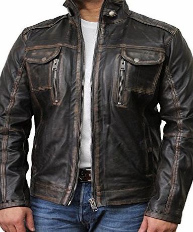 Brandslock Vintage Black Mens Leather Biker Jacket (L)