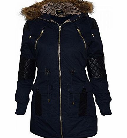 Brave Soul Ladies Womens Designer Oversized Hood Soft Fur Cotton Parka Quilted Leather Arms Jacket Coat UK 12/ US 10/ AUS 14/ EU 40/ Medium Navy Blue