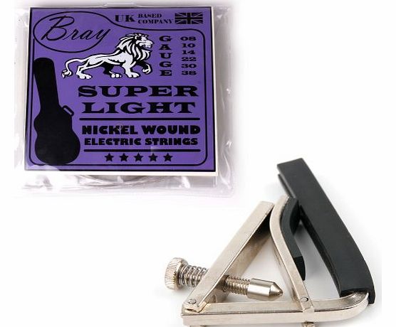 Bray Super Light Nickel Wound Electric Guitar Strings (08 - 38)   BONUS Chrome Finish Screw Capo - Perfect For Fender, Gibson, Ibanez, Yamaha 