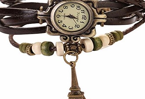Broadfashion Fashion Vintage Womens Eiffel Tower Decoration Leather Bracelet Quartz Watch (Coffee)