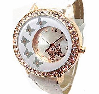 Broadfashion Fashion Womens Crystal Butterfly Decoration PU Leather Quartz Watch Ladies Watches (White)