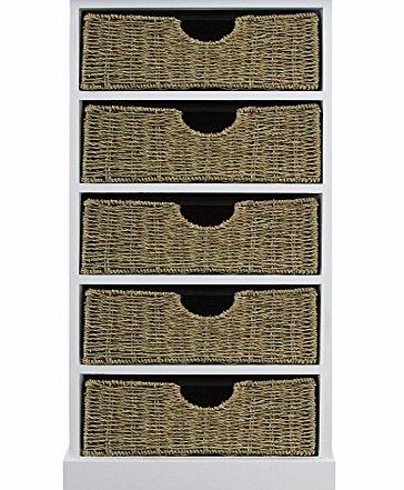 Wood 5 Drawer Wooden Storage Cabinet with Seagrass Drawers/ Baskets-Bedroom/ Bathroom, White