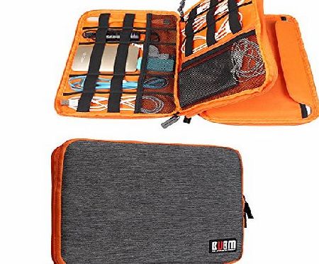 BUBM Universal Double Layer Travel Gear Organiser / Electronics Accessories Bag / Battery Charger Case (Large, Grey and Orange)