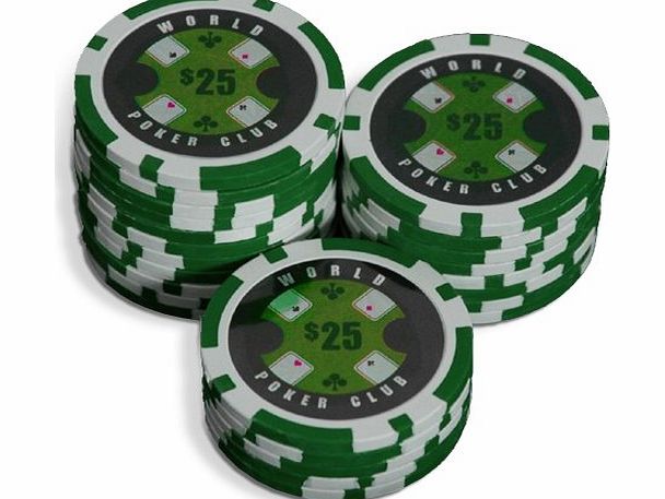 Bullets Poker Sleeve of 25 World Poker Club $25 Green Poker Chips Clay 14g