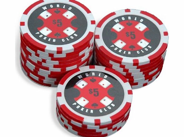 Bullets Poker Sleeve of 25 World Poker Club $5 Red Poker Chips Clay 14g