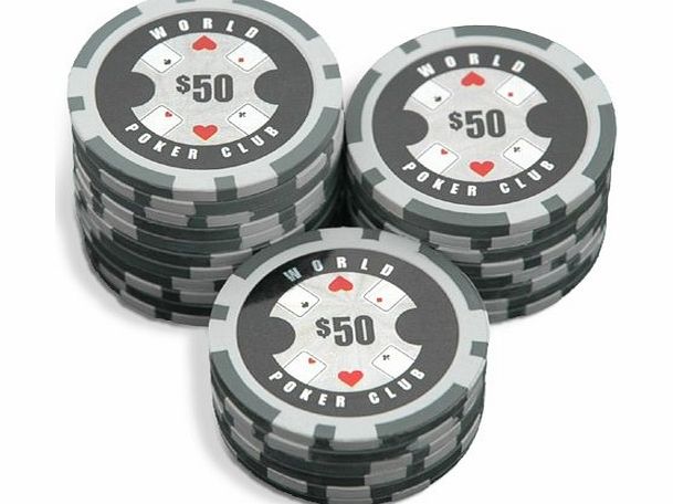 Bullets Poker Sleeve of 25 World Poker Club $50 White Poker Chips Clay 14g