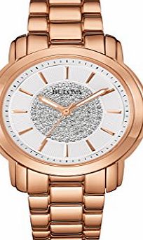 Bulova Pave Crystal Dial Womens Quartz Watch with White Dial Analogue Display and Rose Gold Stainless Steel Rose Gold Plated Bracelet 97L147