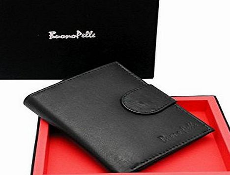 Buono Pelle MENS REAL LEATHER GENUINE HIGH QUALITY DESIGNER BUONO PELLE WALLET CREDIT CARD HOLDER PURSE GIFT BOXED (Black)